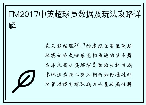 FM2017中英超球员数据及玩法攻略详解