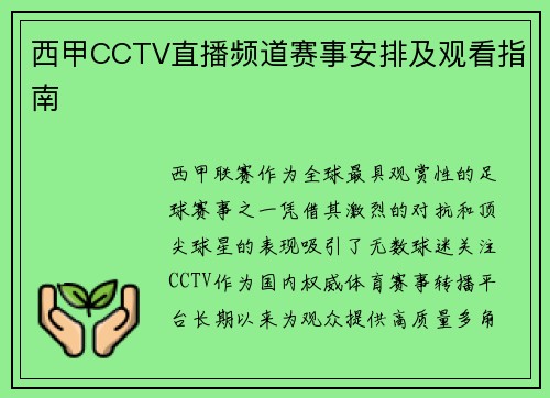 西甲CCTV直播频道赛事安排及观看指南